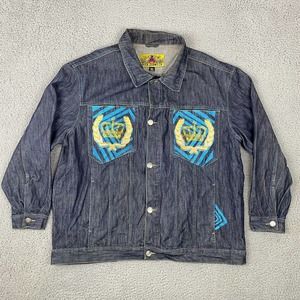 Risk Jeans Men’s Blue Denim Jean Trucker Jacket Dark Wash Graphic Size 3XL